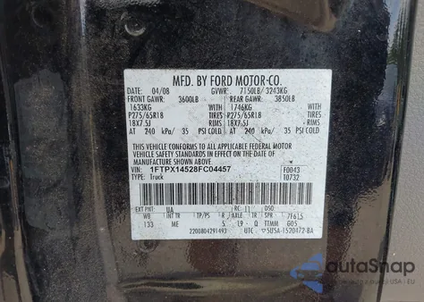 2008 Ford F-150 Xlt from USA, damaged, VIN 1FTPX14528FC04457